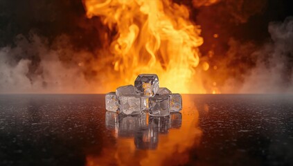 Frozen ice cubes set against a flame backdrop at a bar, highlighting cooling technology and safety precautions