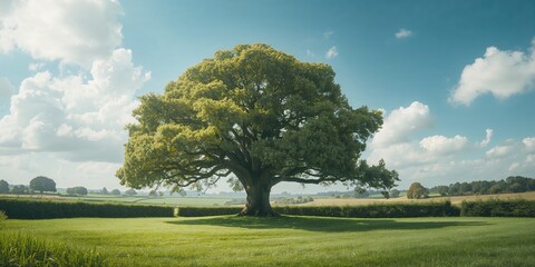 Naklejka premium Large oak tree in a hedge row, illustrating biodiversity and seasonal growth