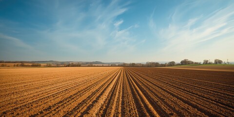Ploughed field in spring prepared for sowing, focusing on soil preparation techniques