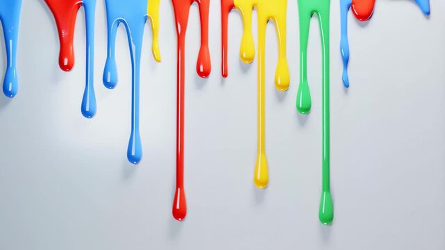 Colorful paint pouring down, creating vibrant rainbow dripping effect on white background