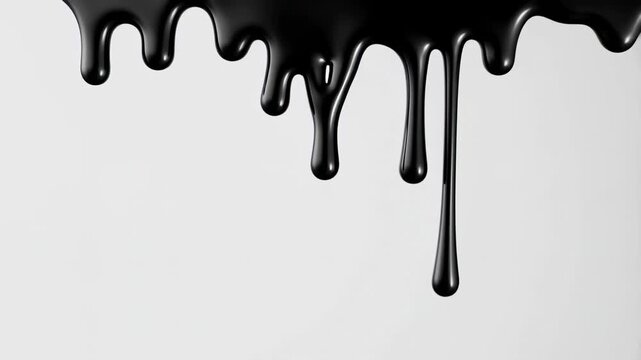 Dramatic black liquid dripping on white surface creating artistic patterns and movement across frames