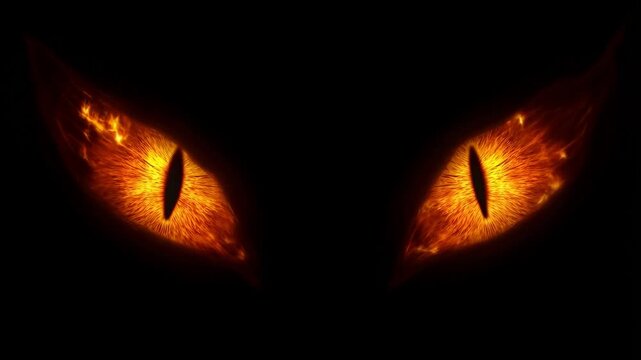 Fiery dragon eyes blinking in darkness: intense glowing animation