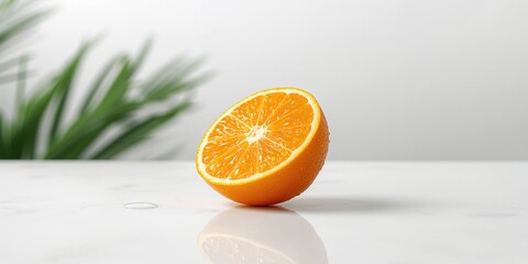 Naklejka premium Cross-section of orange showing segmented pulp and juice sacs, suitable for health and nutrition visuals, World Fruit Day