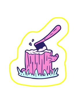 radioactive glowing animation of cartoon axe stuck in tree stump