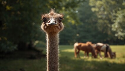 Fototapeta premium Large ostrich and horses grazing together in a Bavarian woodland, emphasizing animal interaction