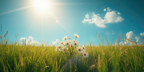Naklejka premium White daisies under a clear blue sky with sunlight, suitable for garden or outdoor scene design