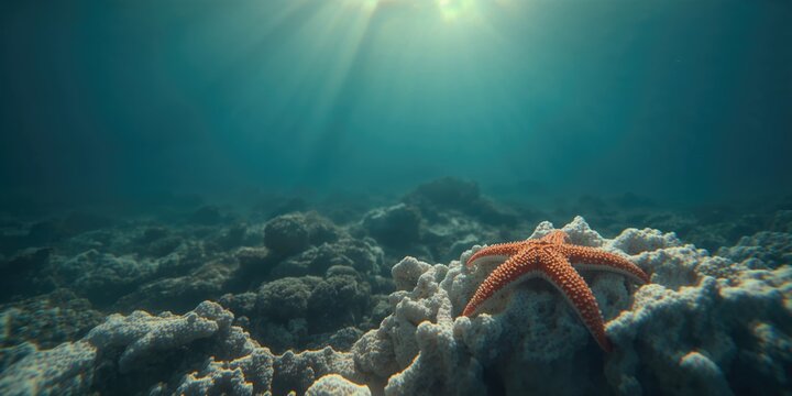 Single starfish among degraded coral structures coral reef deterioration due to climate change and illegal fishing, Earth Day