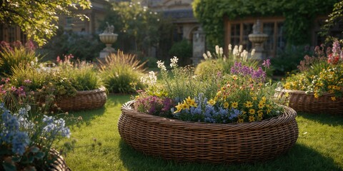 Fototapeta premium Traditional elevated garden beds with lush greenery and medicinal plants in a historic outdoor space, urban gardening focus