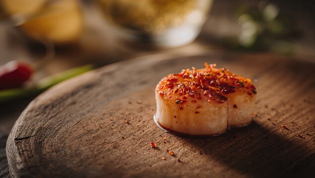 Grilled scallop with spicy miso sauce, emphasizing flavor pairing in seafood preparation