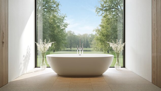Modern bathroom featuring white and wood wall finishes, tiled floor, and a large window, emphasizing layout efficiency