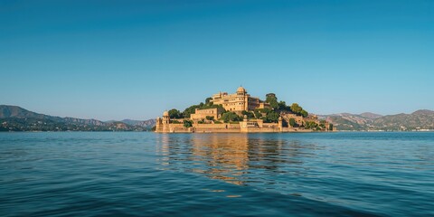 Fototapeta premium Ancient Jal Mahal situated on the lake, highlighting heritage and architectural significance