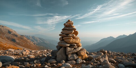 Collection of rocks shaped by travelers descending a mountain, highlighting natural erosion and outdoor activity, Earth Day