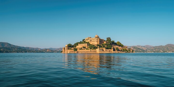 Ancient Jal Mahal situated on the lake, highlighting heritage and architectural significance