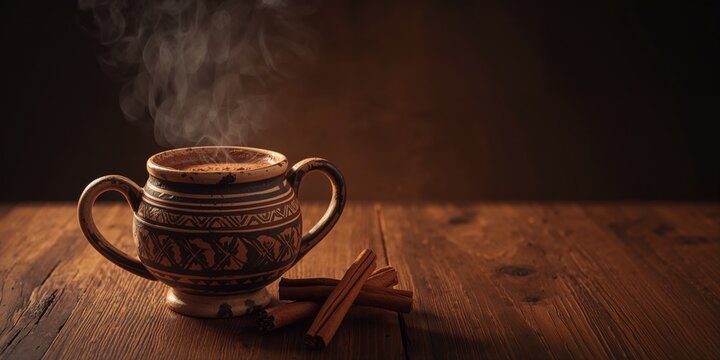 A steaming cup of Mexican hot chocolate in a handcrafted Oaxacan mug, highlighting cultural beverage serving