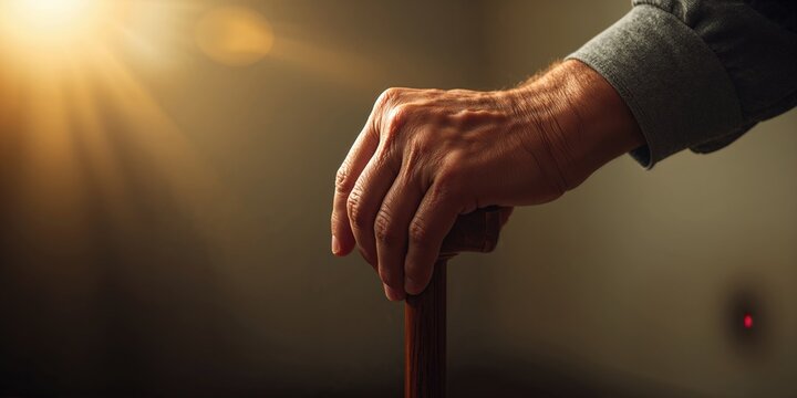 Close-up of elderly man's hands on a cane, highlighting mobility assistance, International Day for Older Persons