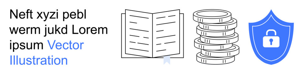 Finance, education, data safety, security, information access, digital protection. Coins, blue shield with lock open book. Financial security and data safety concept