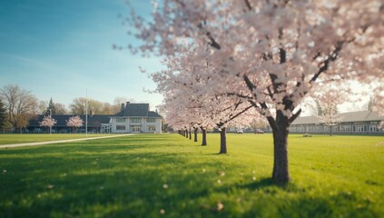 Obraz premium View of a school surrounded by cherry blossom trees in bloom, ideal for educational or nature-themed layouts