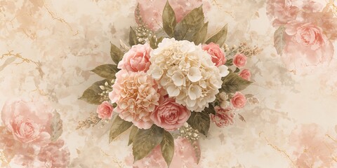 Pastel hydrangea and rose blossoms in beige, pink, and white, designed for tropical floral wallpaper with watercolor textures, decorative background