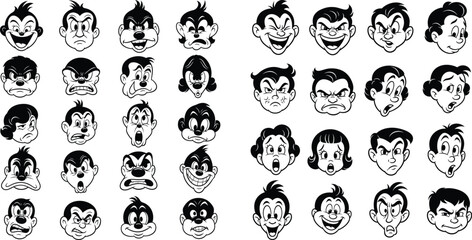 Cartoon character faces showing diverse emotions in vintage illustration style, seamless pattern repeat