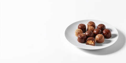 Assorted chocolate pralines on a white plate highlighting sweet treats, ideal for bakery or dessert presentation, National Chocolate Day