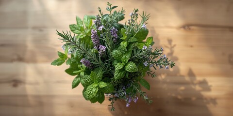 Fresh green garden herbs incorporated into nutritious dishes, emphasizing natural ingredients