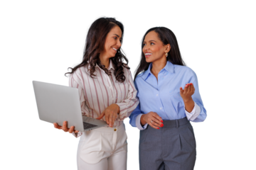 Two business women collaborating, talking, and smiling while working together on a laptop with a transparent background