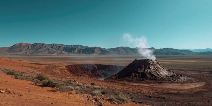 Natural mud volcano surrounded by desert mountains and rugged terrain, emphasizing geological features and tourism