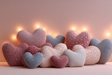 Colorful heart shaped pillows arranged together.