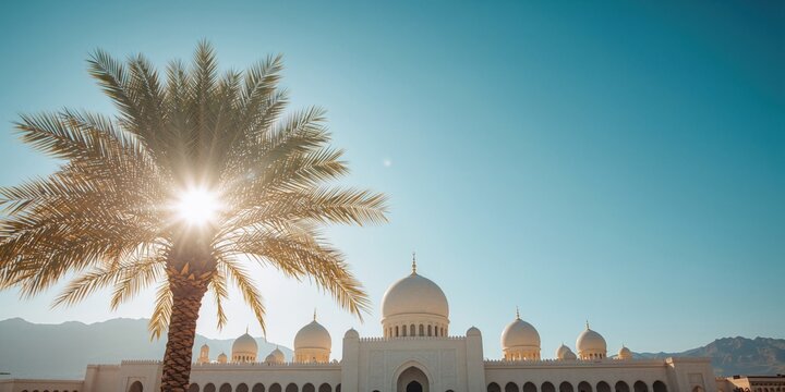 Quba mosque with a nearby palm tree used as an editorial header background