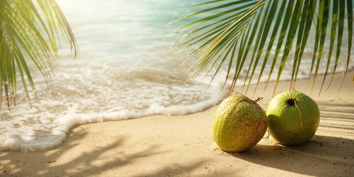 Pair of coconuts on sandy shore ready for beverage serving, suitable for summer hydration day