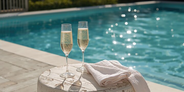 Pair of champagne or prosecco glasses on a white wooden table near a pool on a sunny summer day, relaxation scene