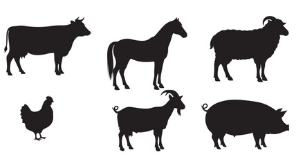 Farm Animal Silhouettes Isolated on White Background