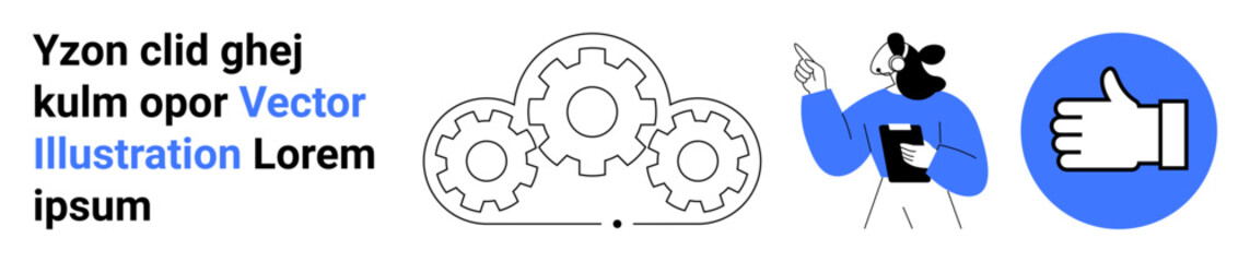 Obraz premium Workflow processes, teamwork, technology, management, approval systems, business concepts. Image shows three gears, a person holding a device and a thumbs-up icon. Workflow processes and teamwork