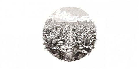 Tobacco land depicted in classic engraving style with intricate line work, ideal for historical or educational uses
