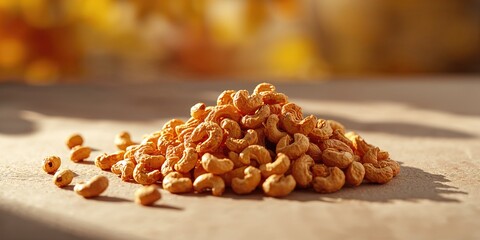 Salt-roasted cashews displayed on a wooden surface focusing on natural snack preparation, texture analysis, and artisanal methods, Earth Day