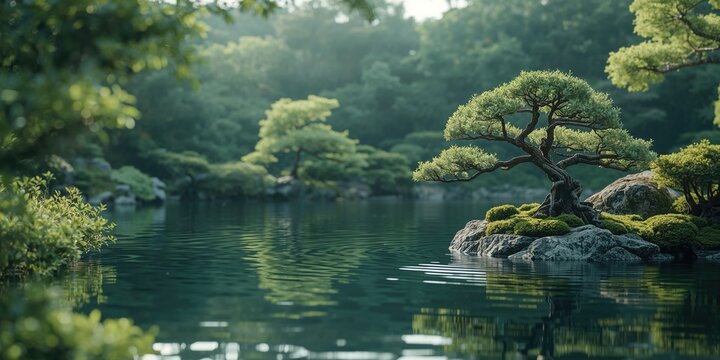 Serene water surface in a traditional Japanese garden highlighting landscape and plant arrangement, World Environment Day