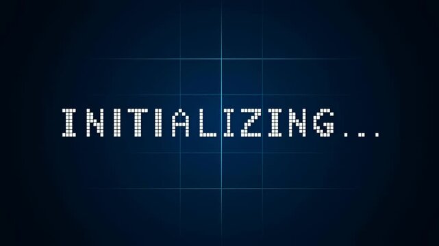 Digital display showing the word "INITIALIZING" on a blue background. Represents the startup process of technology and software systems