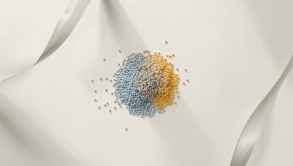Obraz premium Polymeric plastic granules with colored dyes in grey, light blue, and yellow, intended for injection molding applications