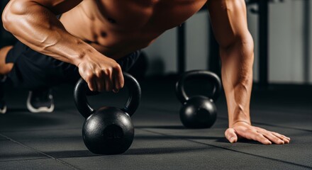 Athlete Performing Push Ups on Kettlebells in Gym