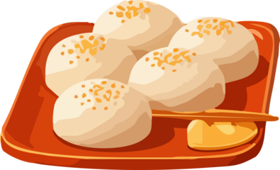 A stylized illustration shows soft steamed buns sprinkled with sesame seeds arranged on a red tray alongside a small dish of honey or syrup.