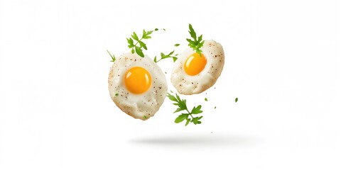 Close-up of two fried eggs with arugula, breakfast presentation, food styling, and freshness, World Egg Day