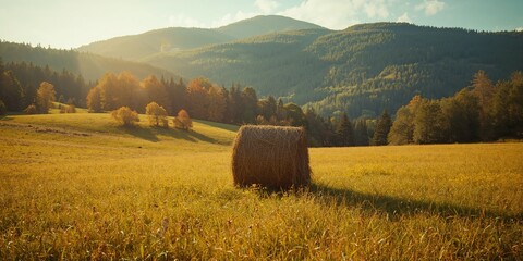 Naklejka premium Haystack in a rural mountain setting beneath a warm autumn sun, highlighting traditional farming methods