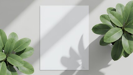 Minimalist blank vertical card mockup with green plants and natural sunlight shadows for elegant design presentation.