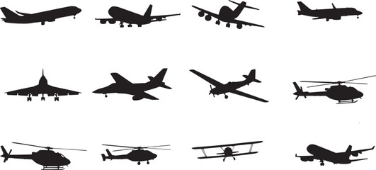Comprehensive silhouette collection showcasing a wide array of aircraft and aviation vehicles, including airplanes, jets, and helicopters for graphic design elements