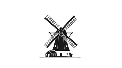 Obraz premium Classic Dutch windmill silhouette with small house illustration.