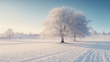 Obraz premium Bright winter day with snow-covered trees in a park, seasonal transition and natural scenery