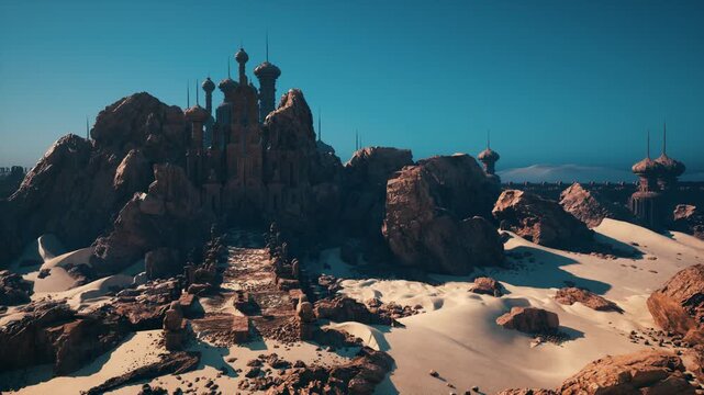 sunlit desert fortress ruins aerial panorama revealing ancient sandstone citadel perched on rocky outcrop, sweeping dunes and scattered boulders, cinematic teal