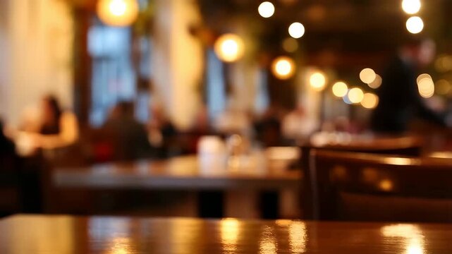 Blurred view of a cozy restaurant interior with warm lighting and wooden tables. Ideal setting for dining, socializing, and creating memorable experiences