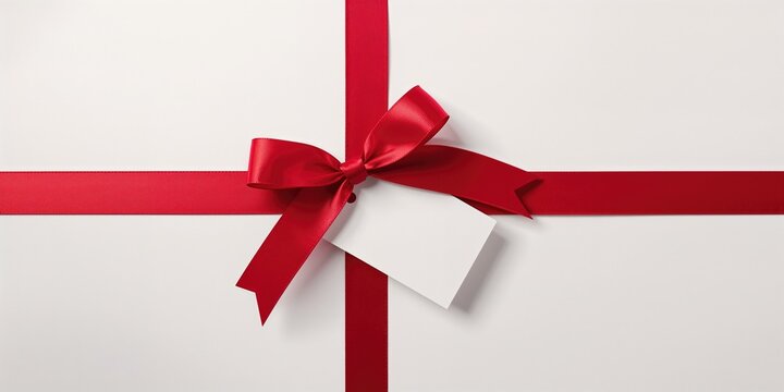 Satin ribbon and blank gift tag on a white background, suitable for labeling or decoration