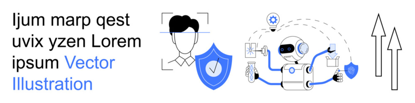AI security, digital identity, facial recognition, data protection, technological advancements, automation. Illustration of AI robot, face scanning shield arrows. AI security and digital identity